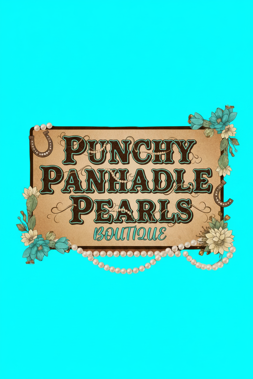 A decorative sign reading 'PUNCHY PANHADLE PEARLS BOUTIQUE' in large dark lettering on a tan parchment-style panel, surrounded by faux pearls, floral corner decorations, and a bright turquoise background.
that works for mobile lay out
